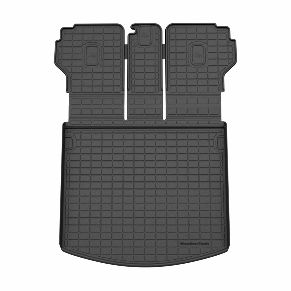 Black car floor mat with a grid pattern on a white background