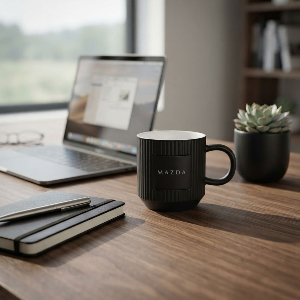 A black ribbed ceramic mug with the brand name 'MAZDA' printed in white on the front, sitting on a wooden desk next to a laptop, notebook, and succulent.