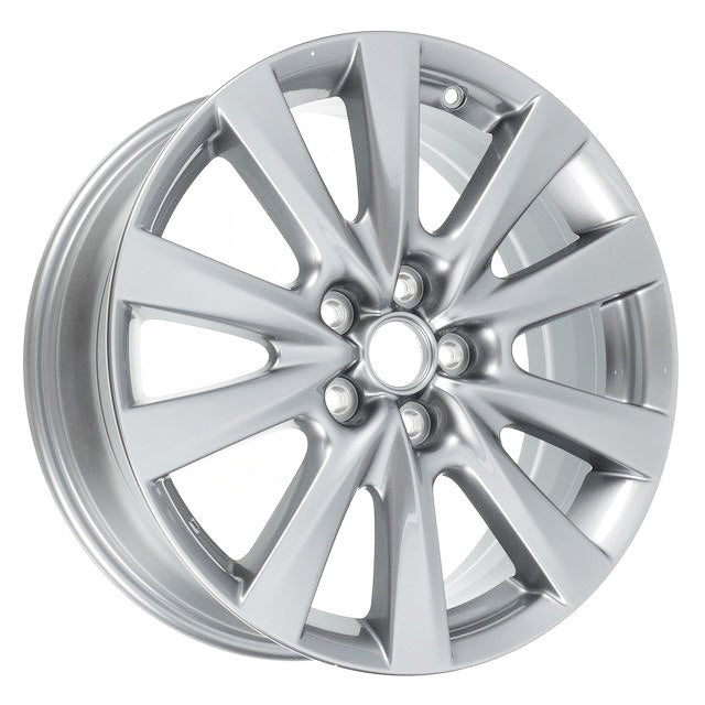 Silver car wheel rim on a white background