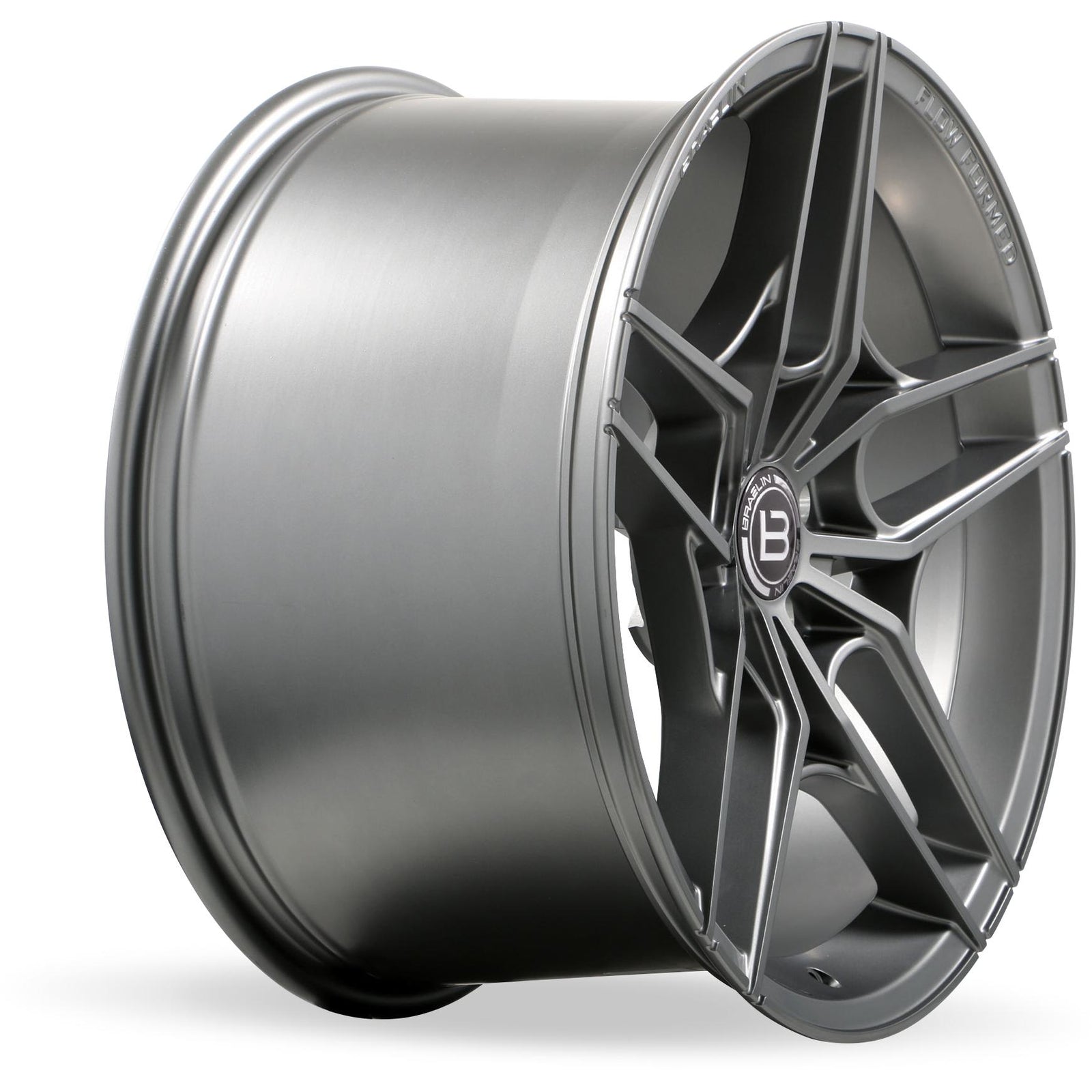 Gray alloy wheel with a brand logo on a white background