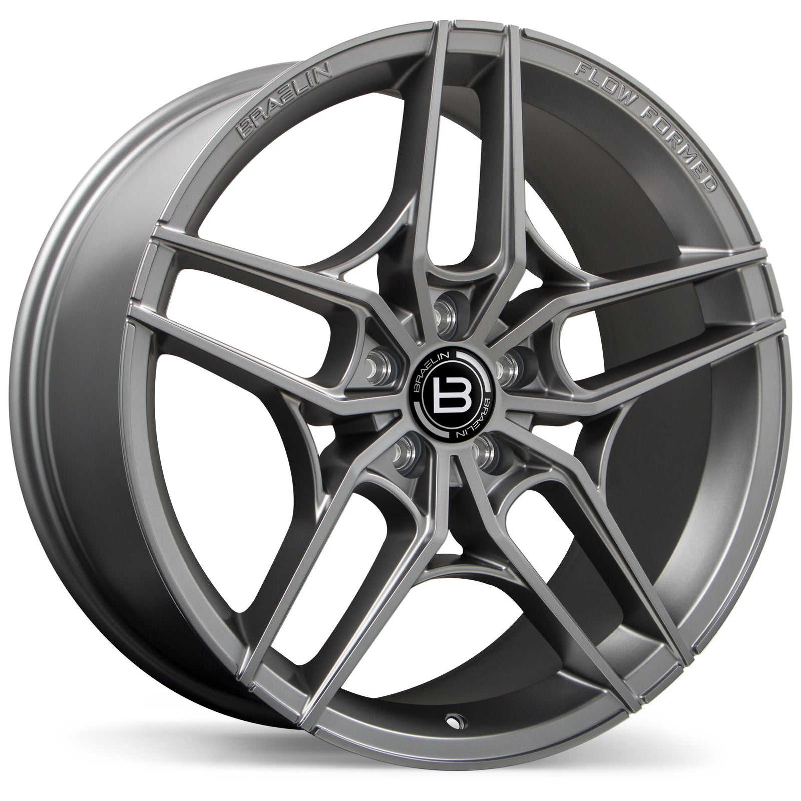 Car wheel rim with a brand logo on a white background