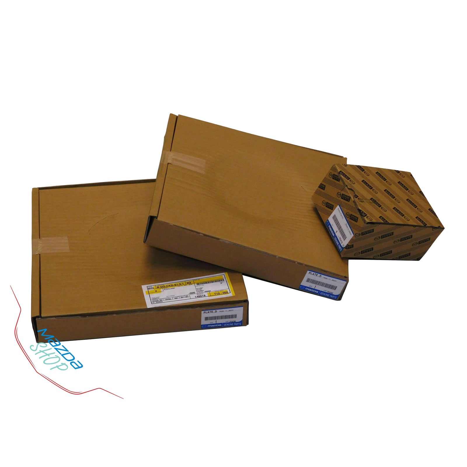 Three cardboard boxes with shipping labels on a white background
