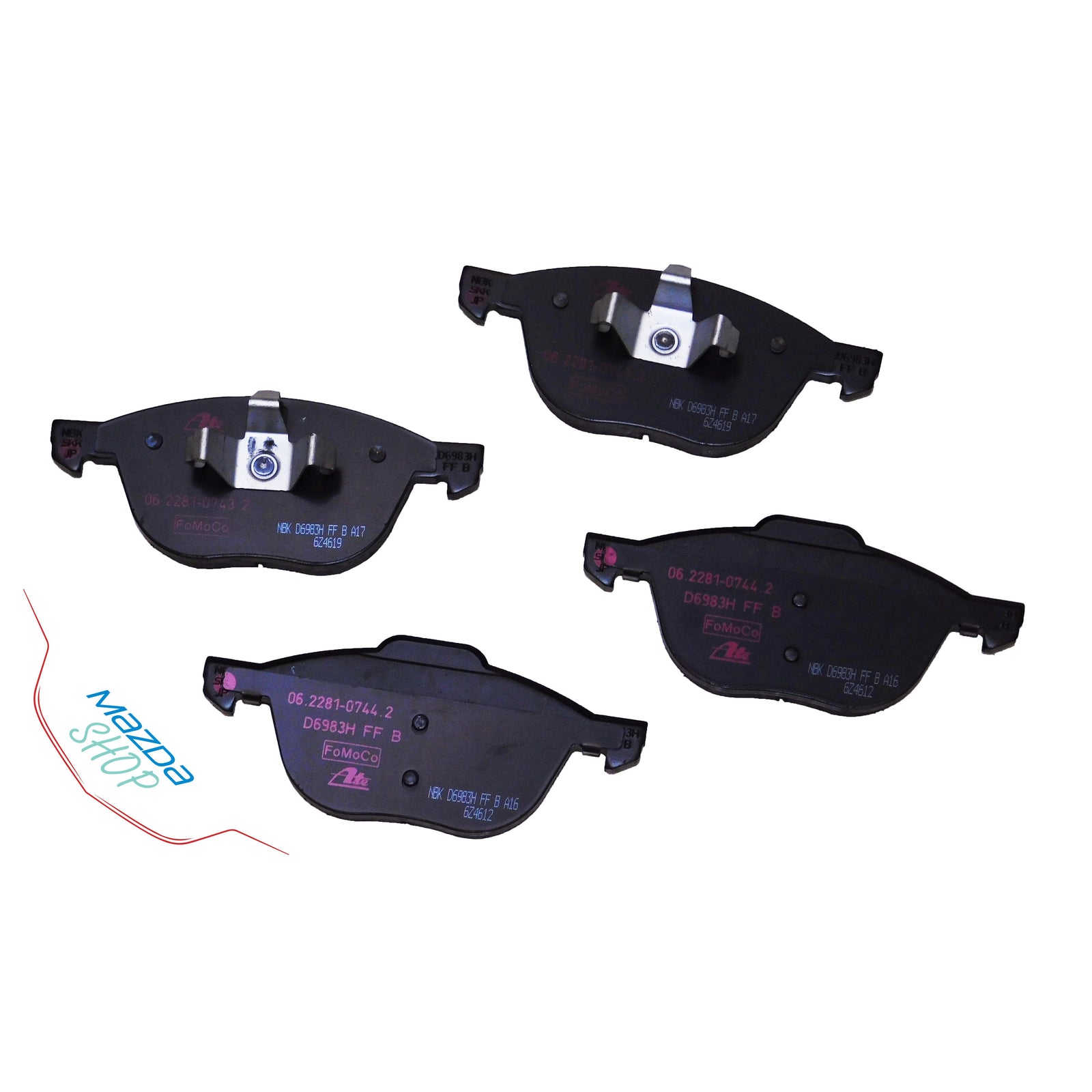 Set of brake pads with Mazda logo on a white background