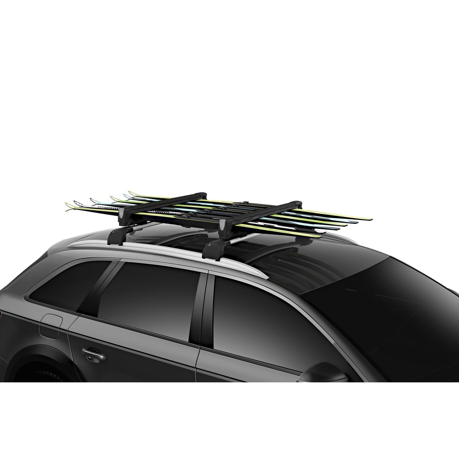 Car roof rack with skis on a white background